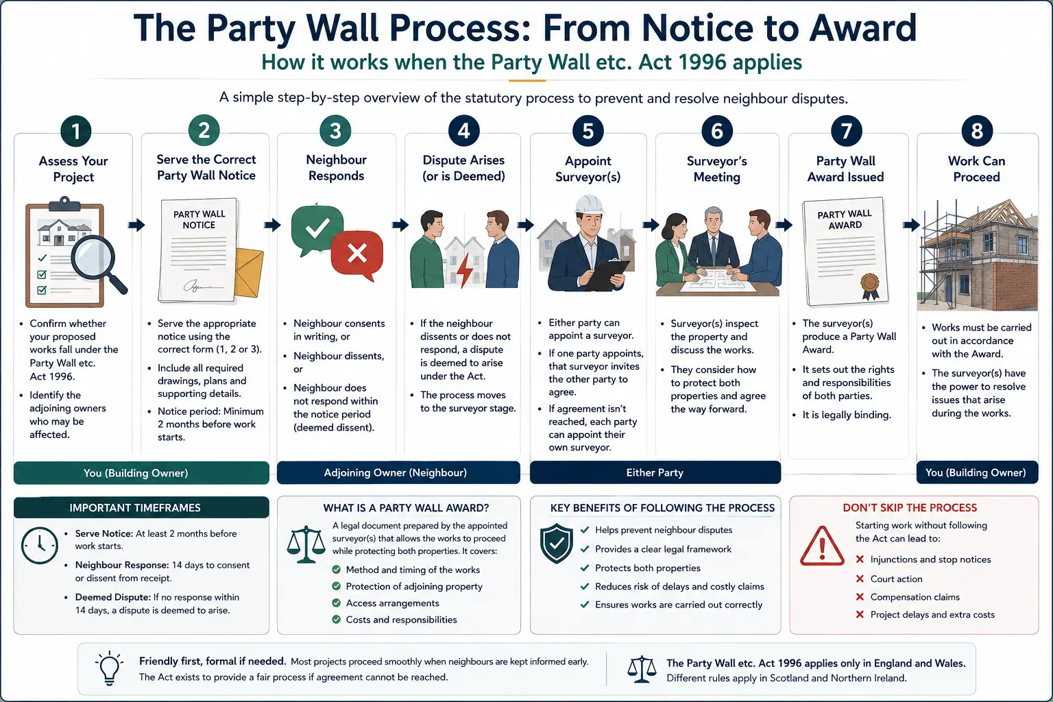 Do I Need a Party Wall Agreement? An infographic showing the party wall process from notice to award in a very interactive way for the citizens living in Epping, UK