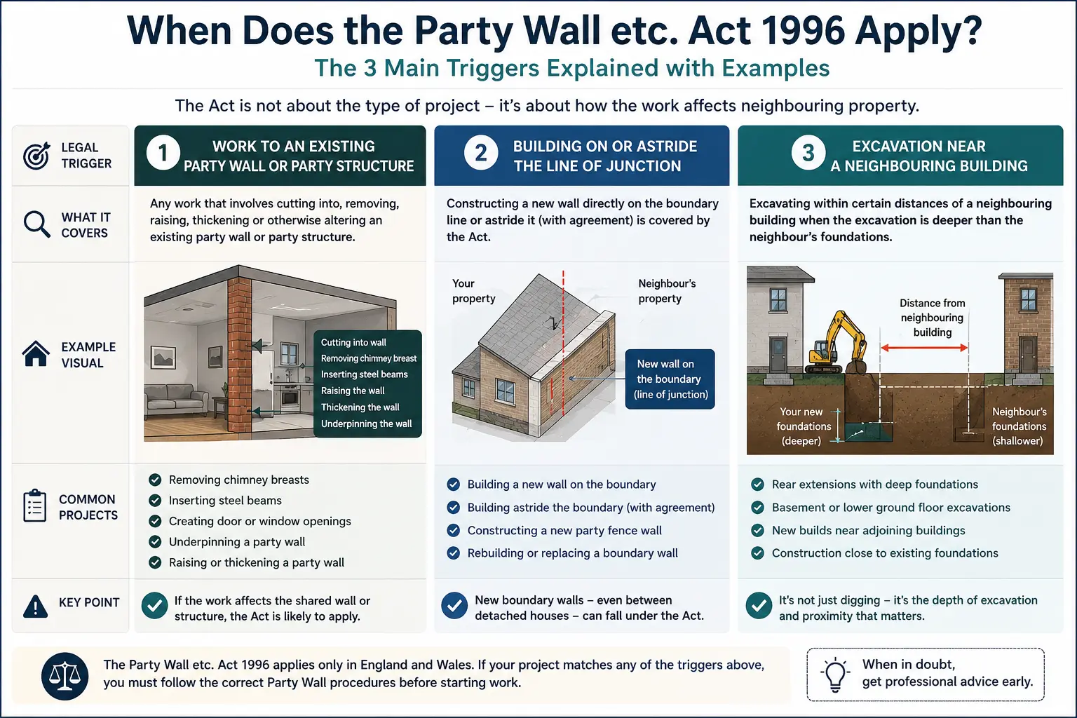 Do I Need a Party Wall Agreement? An infographic showing when does the party wall etc act 1996 apply like excavation, junction, painting, in Epping, UK